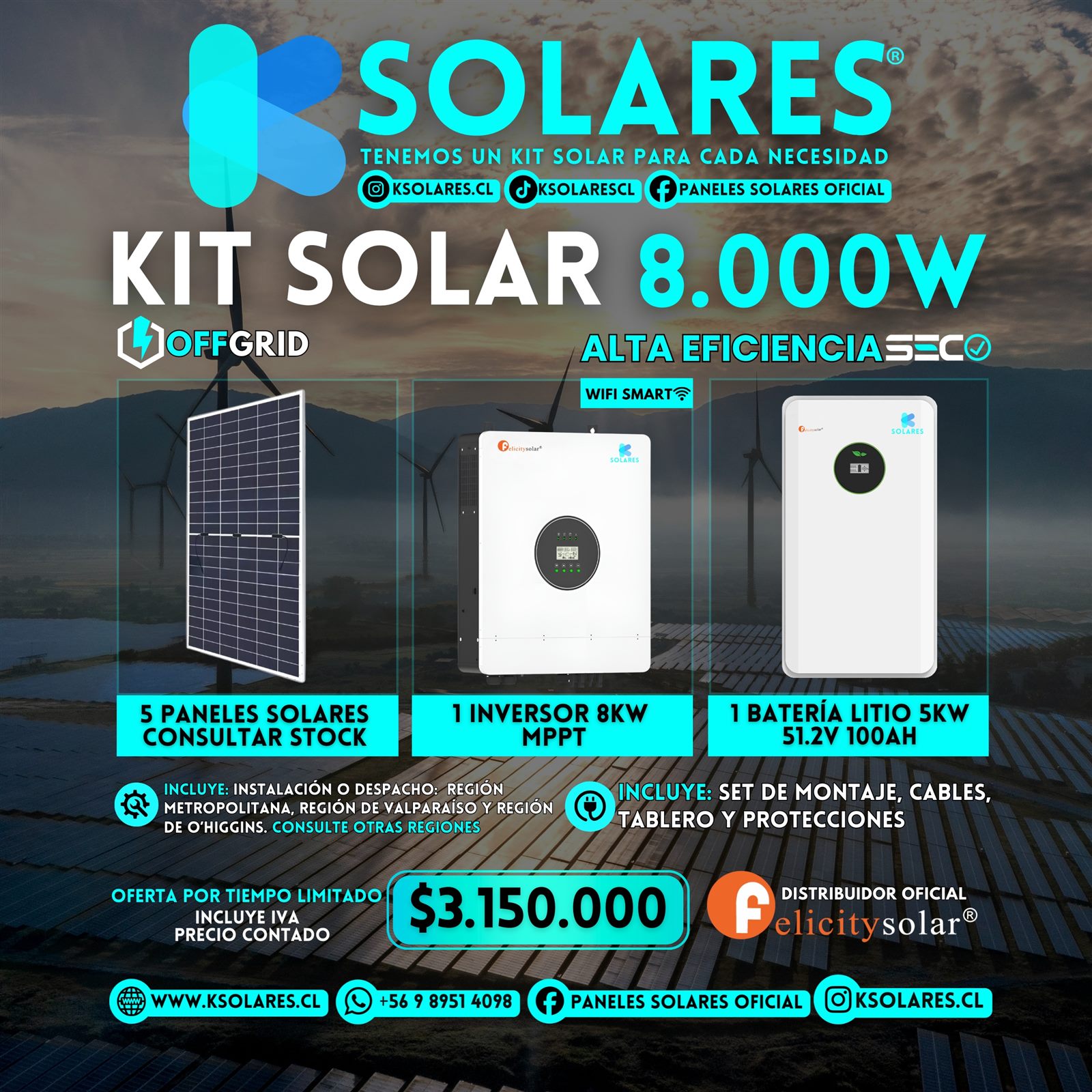 Kit Solar Híbrido 8.000W 5 Paneles 585W + Batería Litio 5kWh 51,2V 100Ah + 1 Inversor 8kW MPPT