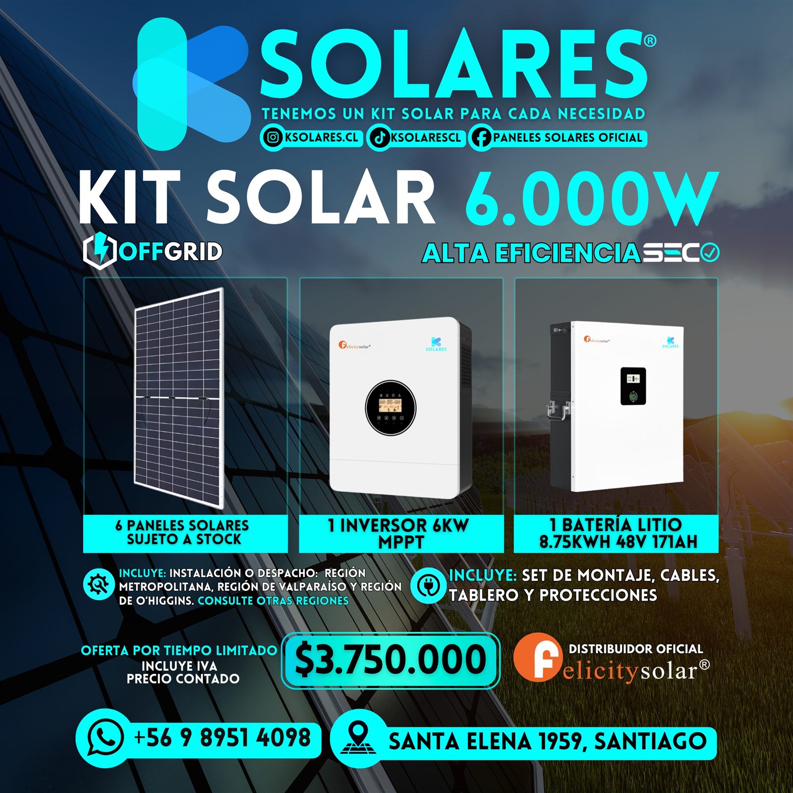 Kit Solar Híbrido 6.000W 6 Paneles 585W + Batería Litio 8,75kWh 48V 171Ah + 1 Inversor 6kW MPPT