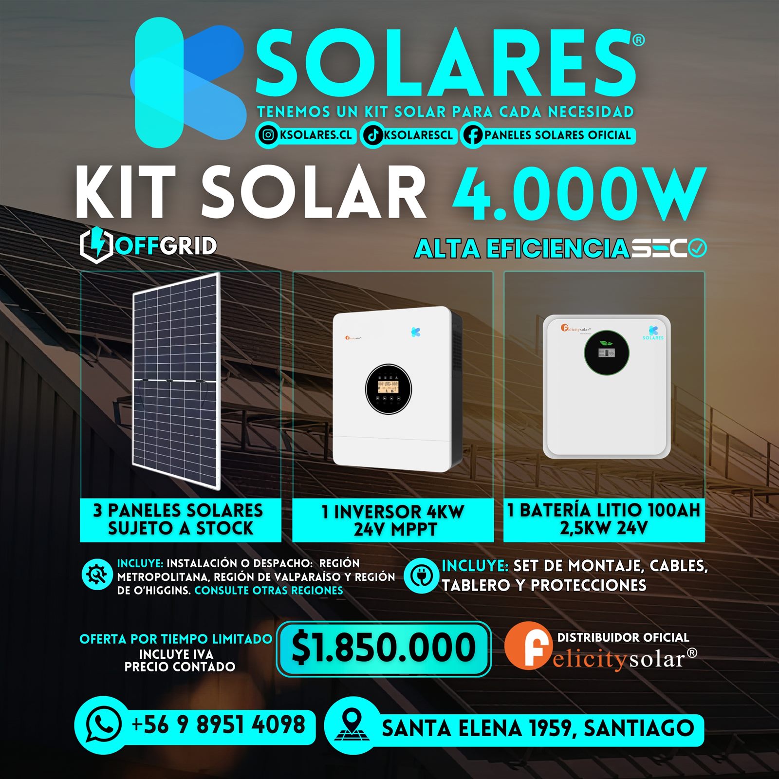 Kit Solar Híbrido 4.000W 3 Paneles 585W + Batería Litio 2,5kWh 24V 100Ah + 1 Inversor 4kW 24V MPPT