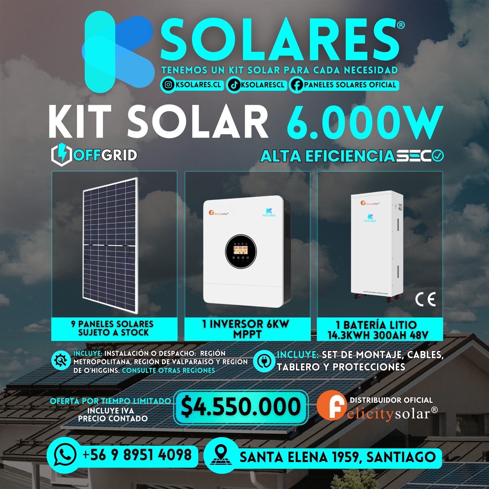 Kit Solar Híbrido 6.000W 9 Paneles 585W + Batería Litio 14,3kWh 300Ah 48V + 1 Inversor 6kW MPPT